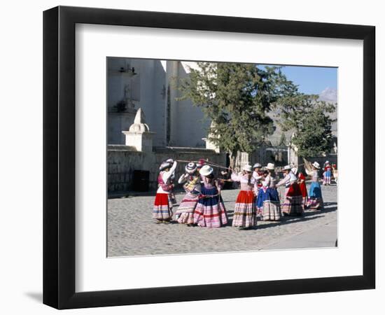 Girls in Traditional Local Dress Dancing in Square at Yanque Village, Colca Canyon, Peru-Tony Waltham-Framed Photographic Print