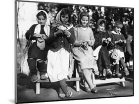 Girls Knitting in Albania Photograph - Albania-Lantern Press-Mounted Art Print