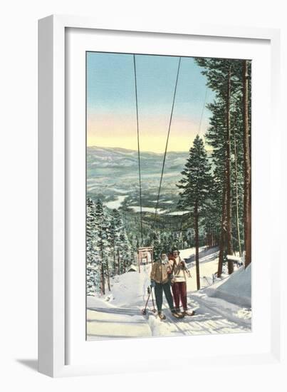 Girls on Skis Riding Tow Rope-null-Framed Art Print