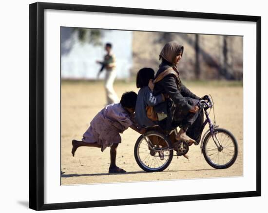 Girls Play on a Bike in Jammu, India-null-Framed Photographic Print