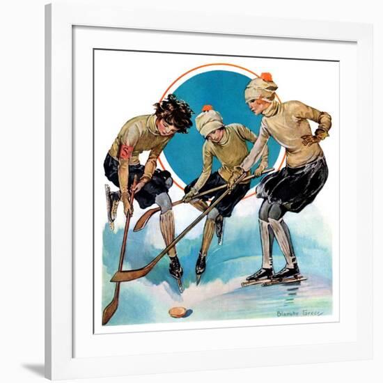 "Girls Playing Ice Hockey,"February 23, 1929-Blanche Greer-Framed Giclee Print