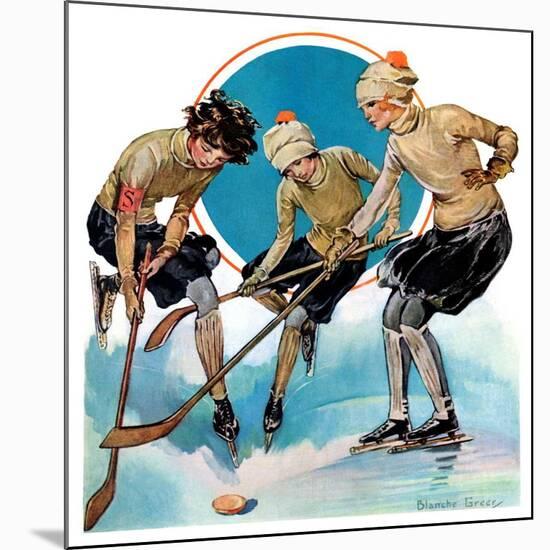 "Girls Playing Ice Hockey,"February 23, 1929-Blanche Greer-Mounted Giclee Print