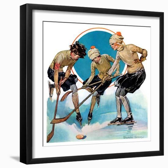"Girls Playing Ice Hockey,"February 23, 1929-Blanche Greer-Framed Giclee Print