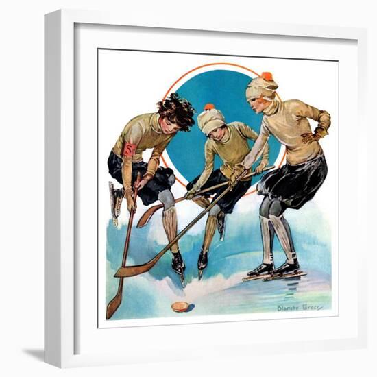 "Girls Playing Ice Hockey,"February 23, 1929-Blanche Greer-Framed Giclee Print