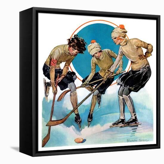 "Girls Playing Ice Hockey,"February 23, 1929-Blanche Greer-Framed Stretched Canvas