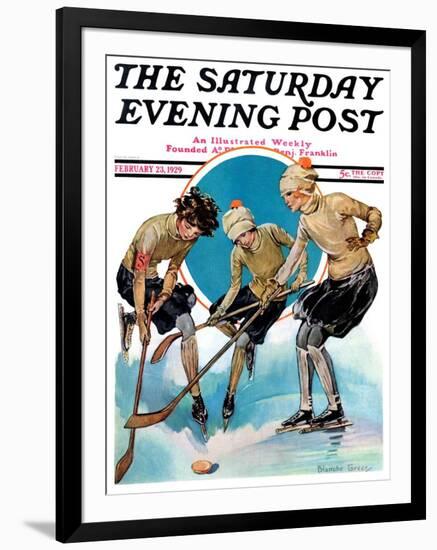 "Girls Playing Ice Hockey," Saturday Evening Post Cover, February 23, 1929-Blanche Greer-Framed Giclee Print