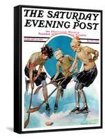 "Girls Playing Ice Hockey," Saturday Evening Post Cover, February 23, 1929-Blanche Greer-Framed Stretched Canvas