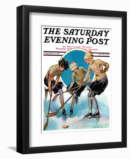 "Girls Playing Ice Hockey," Saturday Evening Post Cover, February 23, 1929-Blanche Greer-Framed Giclee Print