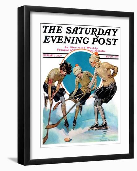 "Girls Playing Ice Hockey," Saturday Evening Post Cover, February 23, 1929-Blanche Greer-Framed Giclee Print