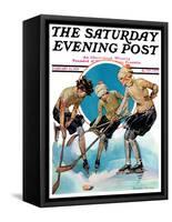 "Girls Playing Ice Hockey," Saturday Evening Post Cover, February 23, 1929-Blanche Greer-Framed Stretched Canvas