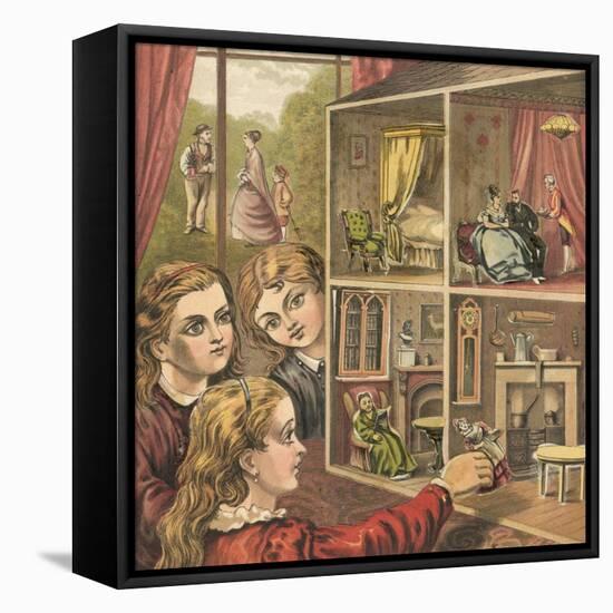 Girls Playing with a Dolls House-English School-Framed Stretched Canvas