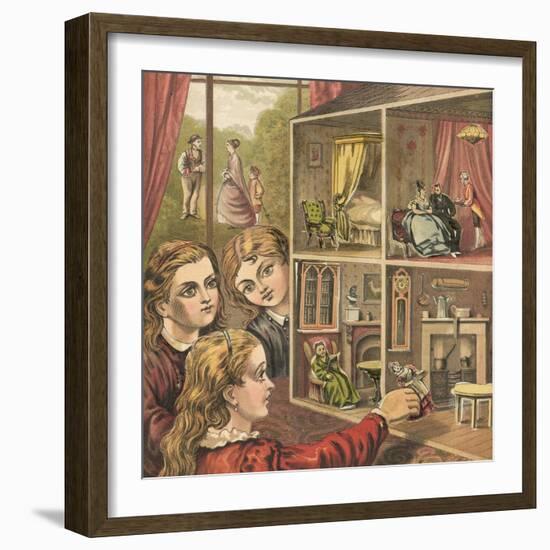 Girls Playing with a Dolls House-English School-Framed Giclee Print