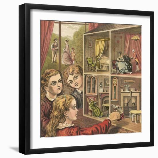 Girls Playing with a Dolls House-English School-Framed Giclee Print