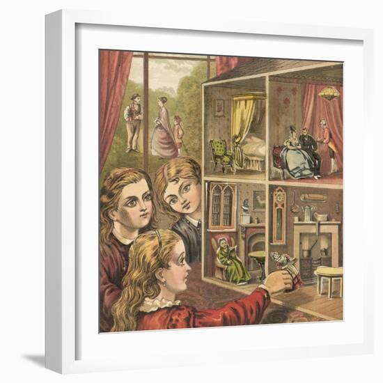 Girls Playing with a Dolls House-English School-Framed Giclee Print