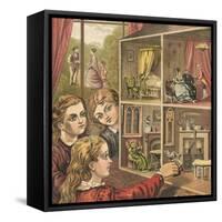 Girls Playing with a Dolls House-English School-Framed Stretched Canvas