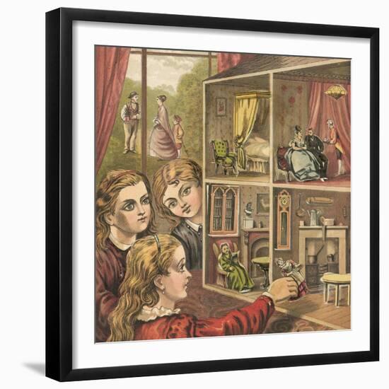 Girls Playing with a Dolls House-English School-Framed Giclee Print