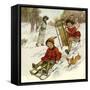 Girls Sledding with Dog-null-Framed Stretched Canvas