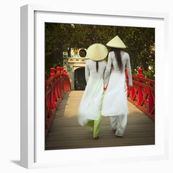 Girls Wearing Ao Dai Dress, Huc Bridge, Hoan Kiem Lake, Hanoi, Vietnam-Jon Arnold-Framed Photographic Print