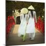 Girls Wearing Ao Dai Dress, Huc Bridge, Hoan Kiem Lake, Hanoi, Vietnam-Jon Arnold-Mounted Photographic Print