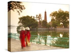 Girls Wearing Ao Dai Dress, Tran Quoc Pagoda, West Lake (Ho Tay), Hanoi, Vietnam-Jon Arnold-Stretched Canvas