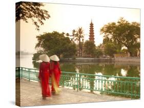 Girls Wearing Ao Dai Dress, Tran Quoc Pagoda, West Lake (Ho Tay), Hanoi, Vietnam-Jon Arnold-Stretched Canvas