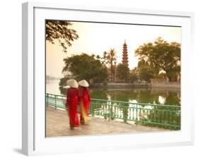 Girls Wearing Ao Dai Dress, Tran Quoc Pagoda, West Lake (Ho Tay), Hanoi, Vietnam-Jon Arnold-Framed Photographic Print