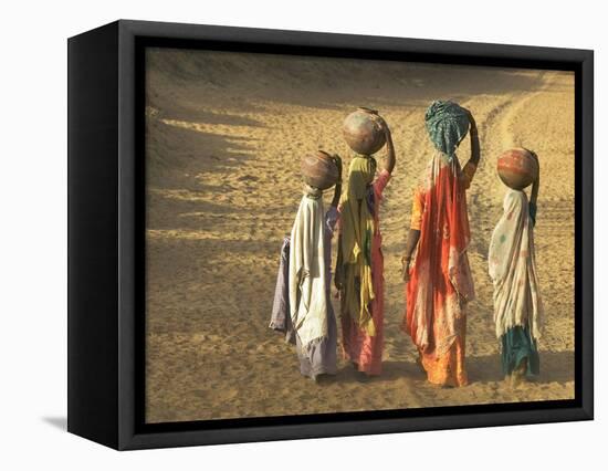 Girls Wearing Sari with Water Jars Walking in the Desert, Pushkar, Rajasthan, India-Keren Su-Framed Stretched Canvas