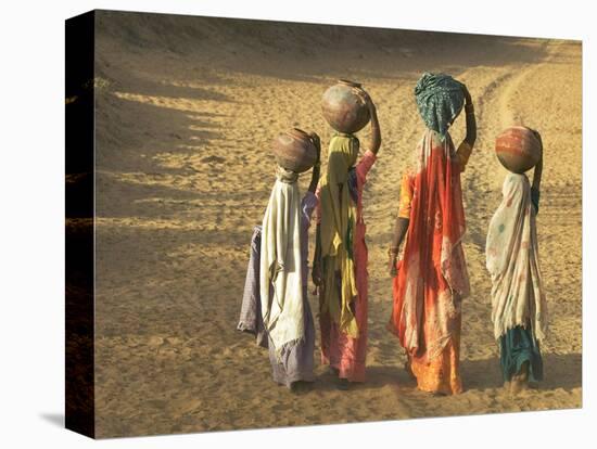 Girls Wearing Sari with Water Jars Walking in the Desert, Pushkar, Rajasthan, India-Keren Su-Stretched Canvas