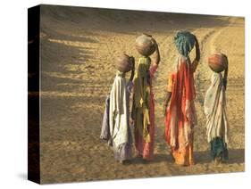 Girls Wearing Sari with Water Jars Walking in the Desert, Pushkar, Rajasthan, India-Keren Su-Stretched Canvas