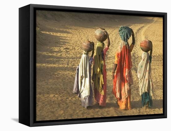 Girls Wearing Sari with Water Jars Walking in the Desert, Pushkar, Rajasthan, India-Keren Su-Framed Stretched Canvas