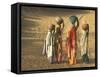 Girls Wearing Sari with Water Jars Walking in the Desert, Pushkar, Rajasthan, India-Keren Su-Framed Stretched Canvas