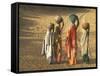 Girls Wearing Sari with Water Jars Walking in the Desert, Pushkar, Rajasthan, India-Keren Su-Framed Stretched Canvas