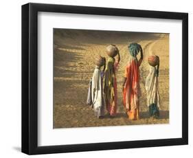 Girls Wearing Sari with Water Jars Walking in the Desert, Pushkar, Rajasthan, India-Keren Su-Framed Photographic Print