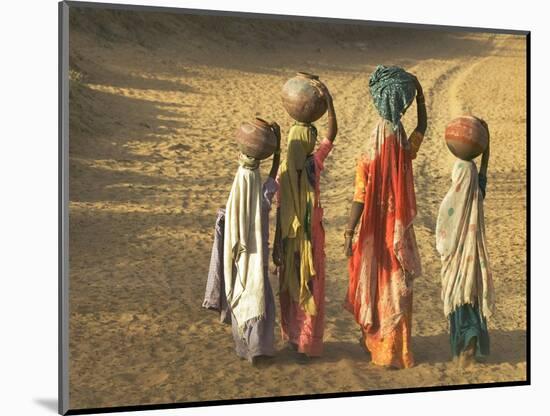 Girls Wearing Sari with Water Jars Walking in the Desert, Pushkar, Rajasthan, India-Keren Su-Mounted Photographic Print