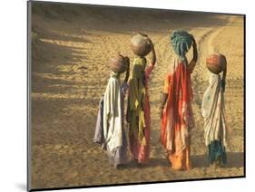Girls Wearing Sari with Water Jars Walking in the Desert, Pushkar, Rajasthan, India-Keren Su-Mounted Photographic Print