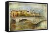 Girona, View With Bridge - Artistic Picture In Painting Style-Maugli-l-Framed Stretched Canvas