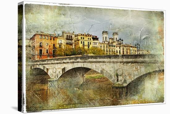 Girona, View With Bridge - Artistic Picture In Painting Style-Maugli-l-Stretched Canvas