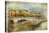 Girona, View With Bridge - Artistic Picture In Painting Style-Maugli-l-Stretched Canvas
