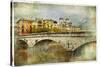 Girona, View With Bridge - Artistic Picture In Painting Style-Maugli-l-Stretched Canvas