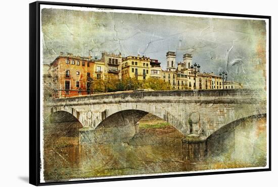 Girona, View With Bridge - Artistic Picture In Painting Style-Maugli-l-Framed Stretched Canvas