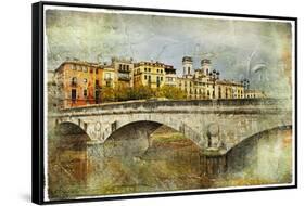 Girona, View With Bridge - Artistic Picture In Painting Style-Maugli-l-Framed Stretched Canvas