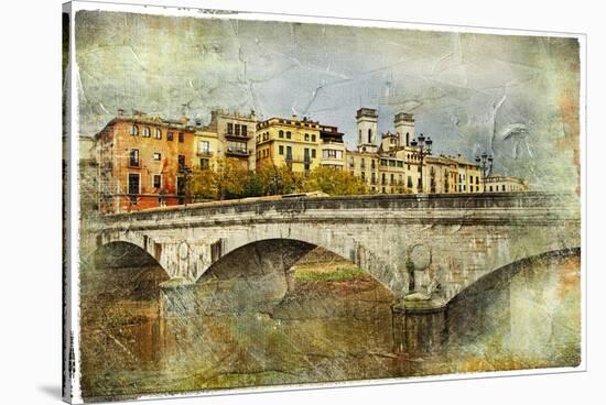 Girona, View With Bridge - Artistic Picture In Painting Style-Maugli-l-Stretched Canvas