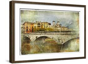 Girona, View With Bridge - Artistic Picture In Painting Style-Maugli-l-Framed Art Print