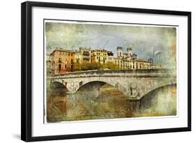 Girona, View With Bridge - Artistic Picture In Painting Style-Maugli-l-Framed Art Print