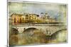 Girona, View With Bridge - Artistic Picture In Painting Style-Maugli-l-Mounted Art Print