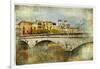 Girona, View With Bridge - Artistic Picture In Painting Style-Maugli-l-Framed Art Print