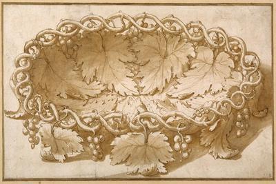 Design for an Oval Fruit Bowl, with Vine Tendrils, Leaves and Grapes