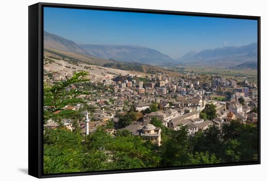 Gjirokastra or Gjirokaster, Albania. Looking across the typical architecture of the old town to...-null-Framed Stretched Canvas