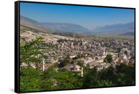 Gjirokastra or Gjirokaster, Albania. Looking across the typical architecture of the old town to...-null-Framed Stretched Canvas