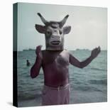 Pablo Picasso Wearing a Cow's Head Mask on Beach at Golfe Juan Near Vallauris-Gjon Mili-Stretched Canvas